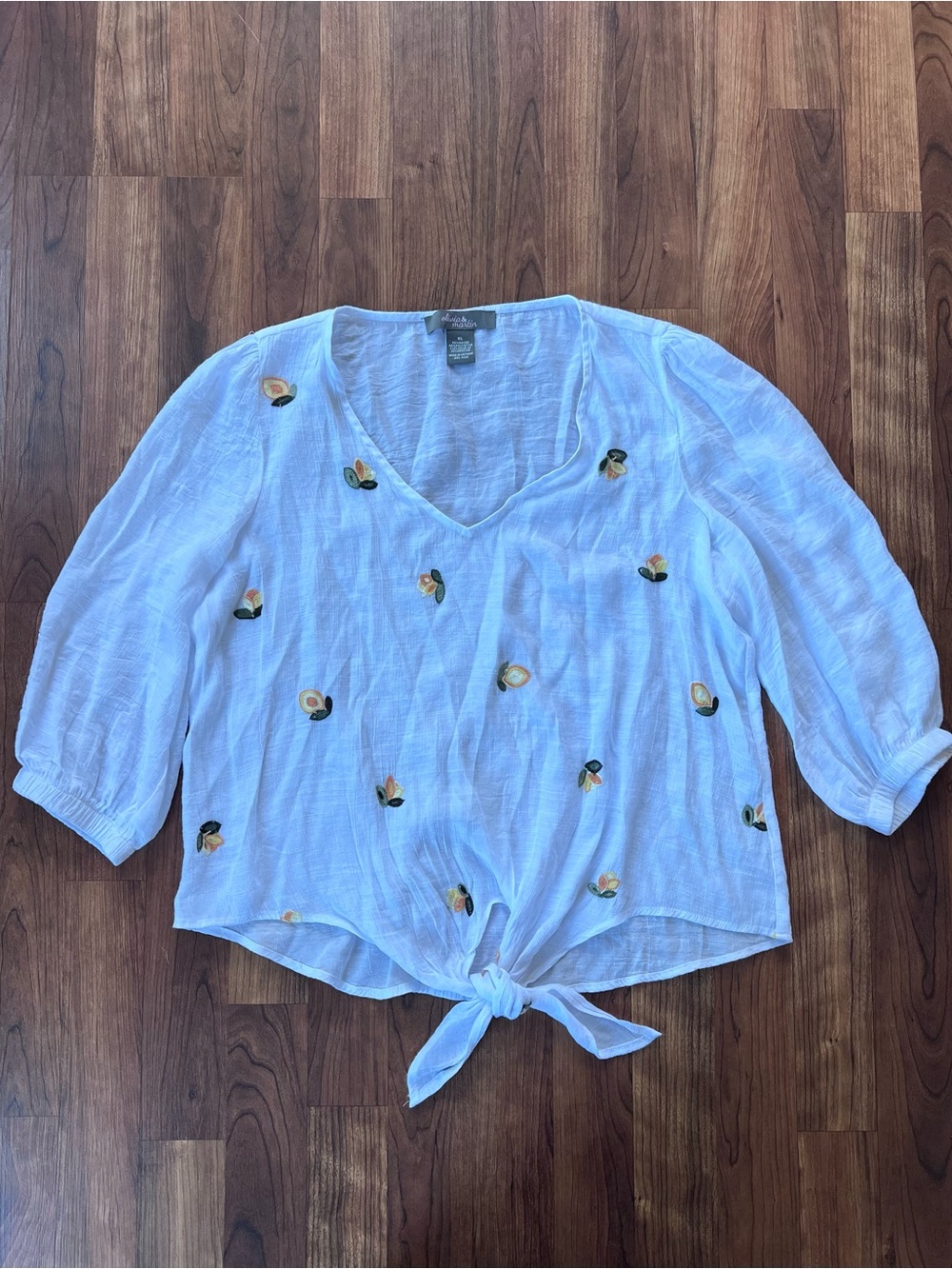 Embroidered Floral Tie Front Blouse White Olivia & Martin XL